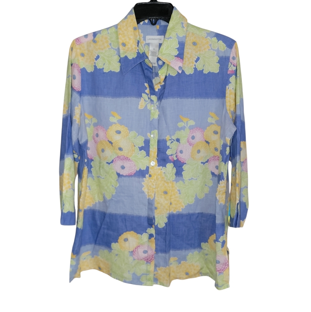Liz Claiborne Blue and Yellow Floral Linen Shirt 3/4 Quarter Sleeves